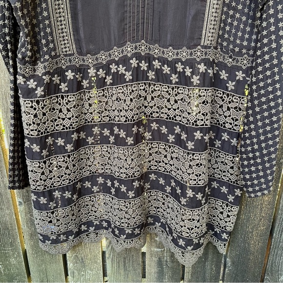 Johnny Was Brown Cupra Rayon Eyelet Lace & Embroidered Long Sleeve Tunic Sz M - Picture 8 of 16